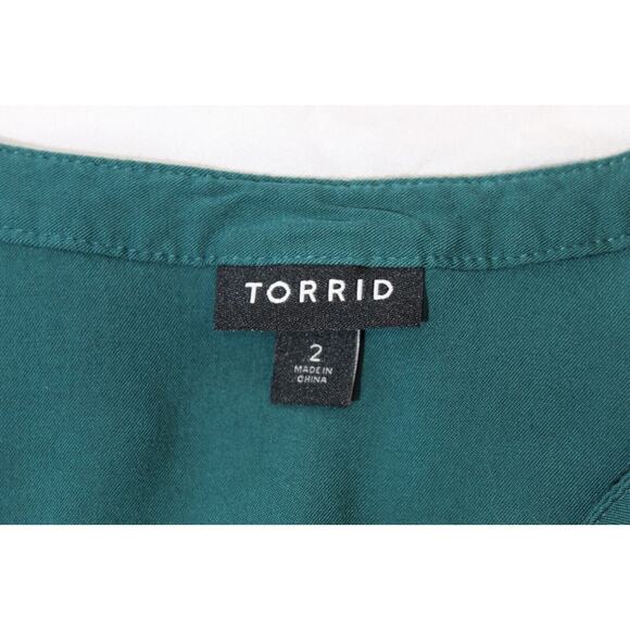 Torrid Button-up Babydoll Smocked Tunic Top Women's 2 Green Button-up V-neck - Picture 5 of 12